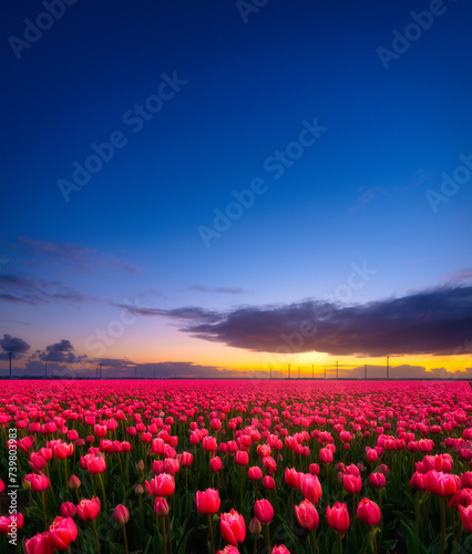 Fototapeta Naklejka Na Ścianę i Meble -  Netherlands. A field of tulips during sunset. Rows on the field. Landscape with flowers during sunset. Photo for wallpaper and background.