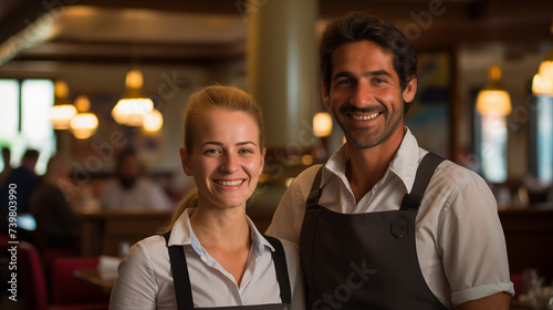Amidst the vibrant ambiance of a bustling bistro, a waiter and waitress come together for a portrait. Their genuine smiles and relaxed posture reflect the welcoming atmosphere of the establishment