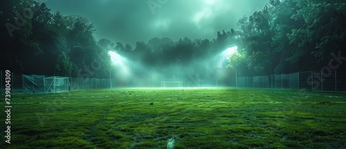 A grass stadium with spotlights and an empty green playground are illuminated by the sun photo