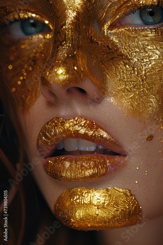 Woman with golden skin portrait picture in close-up. Girl with holiday golden glitter makeup. Gold jewelry and accessories. Beauty gold metallic lips and skin.