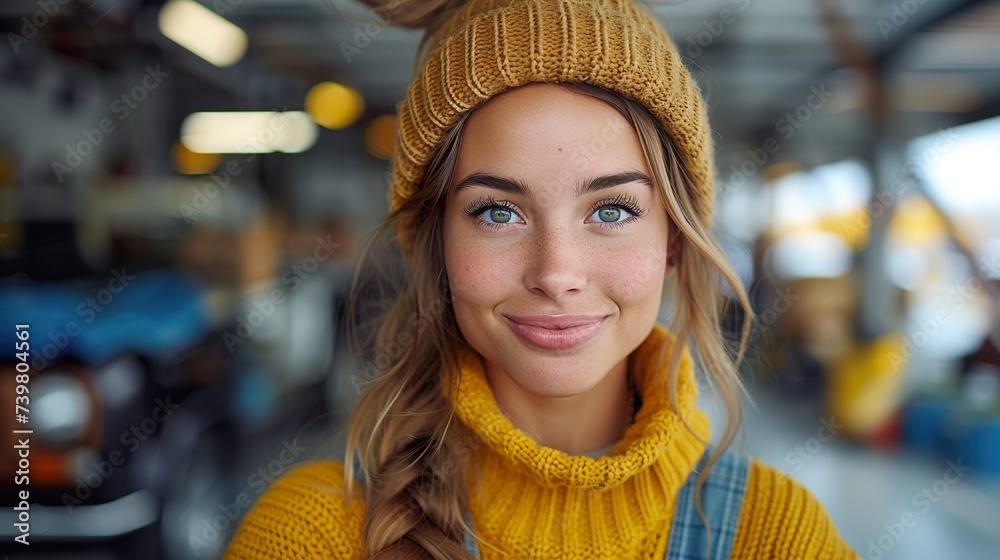 Happy smiling woman buyer client look camera choose auto want to buy new automobile in car showroom. Sales concept Happy smiling woman buyer client look camera choose auto want to buy new automobile in car showroom. Sales concept