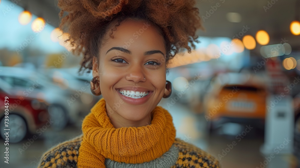 Happy smiling woman buyer client look camera choose auto want to buy new automobile in car showroom. Sales concept Happy smiling woman buyer client look camera choose auto want to buy new automobile in car showroom. Sales concept