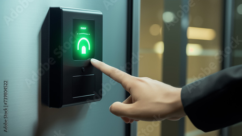 Beside an office entrance door stands a modern fingerprint scan access control system, its sleek design blending seamlessly with the contemporary decor. The soft glow of its LED display 