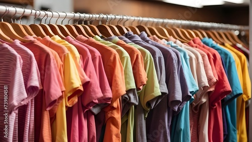 A variety of vibrant t-shirts hanging for sale in the store. Summer tops with multicolored T-shirts hanging on a wooden clothes hanger above a clothes rack.