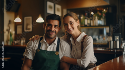  the inviting ambiance of a cozy café, a waiter and waitress share a moment together, their smiles genuine and inviting, creating a sense of warmth and camaraderie