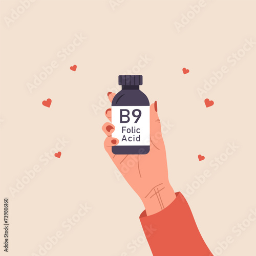 Folic acid. Female hand holding vitamin B9. Risk reducing. Woman taking vitamins for baby health. Supplements for pregnant. Vector illustration in flat cartoon style.