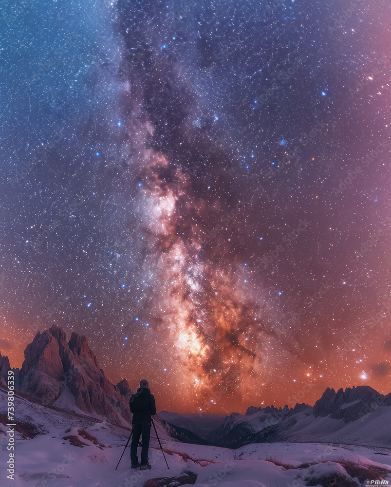 Photographer doing astro photography in a desert nightscape with milky way galaxy