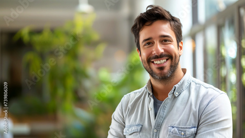Smiling man in a casual shirt with greenery in the background representing happiness, casual style, relaxation, and positive emotions.