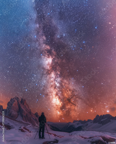 Photographer doing astro photography in a desert nightscape with milky way galaxy