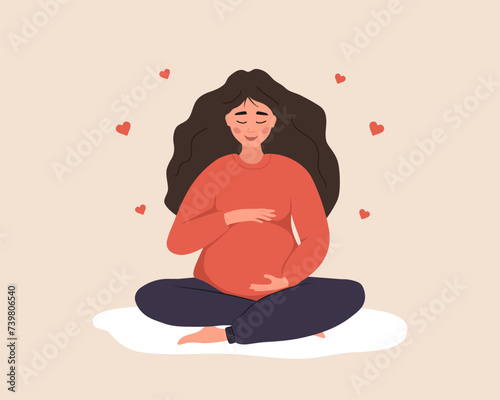 Pregnant woman in lotus position hugs her tummy. Female character waiting for baby. Happy girl meditates. Pregnancy and motherhood concept. Relax and sport. Vector illustration in flat cartoon style.