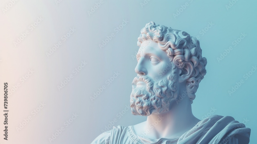 Bust of an ancient Greek stone statue in a modern concept on a bright neon background. Abstract advertising background with head sculpture. - obrazy, fototapety, plakaty 