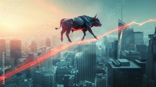Bull market trend line soaring over a city skyline, A Symbol of  financial Market Strength © Chayada