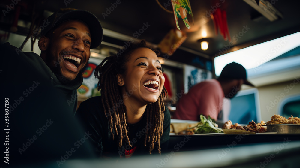 
In the midst of a bustling street food truck market, a joyful mix of multiracial individuals come together to savor the culinary delights on offer