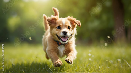 Happy active jack russel pet dog puppy running in the grass in summer, web banner with, generative ai