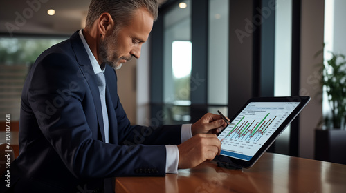 a businessman in a sleek office setting, engrossed in reviewing stock market data on his tablet device