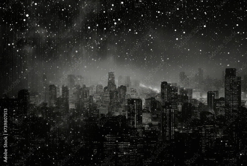 A Black and White Photo of a City at Night