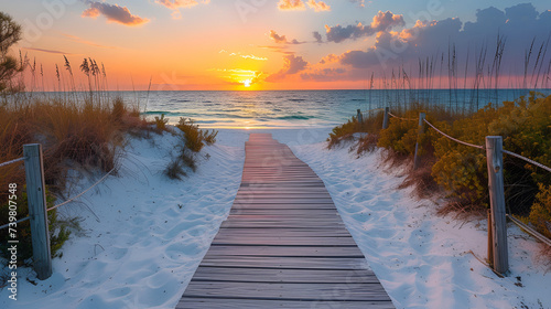 Long boardwalk leading to the white sand beach and ocean, generative ai