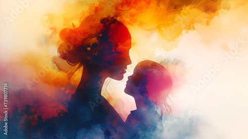 Happy mom with her child silhouette plus abstract watercolor painting. Mother's day. Digital art painting. Double exposure.generative ai
