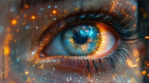 close-up of human eye, glowing digital interface graphics. Bright lights and patterns indicate advances in biotechnology, artificial intelligence or virtual reality.