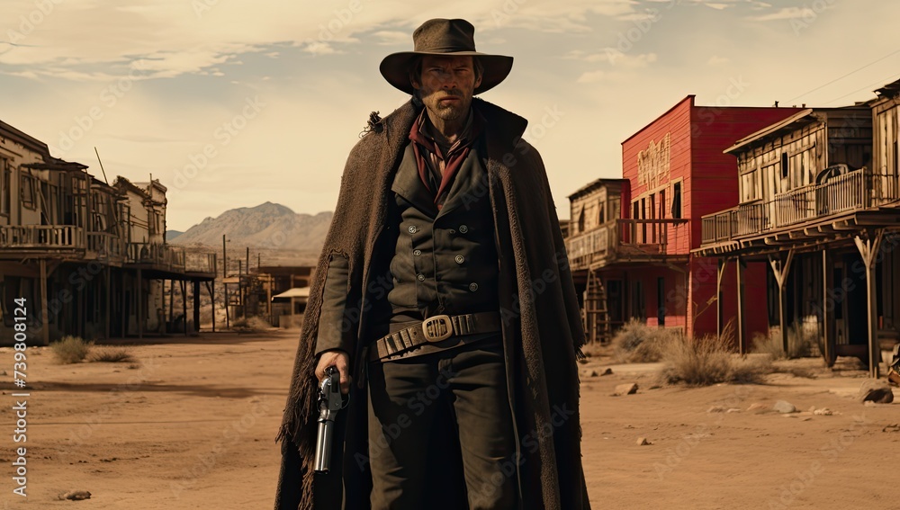 In a classic Western movie scene, a cowboy stands poised for a duel