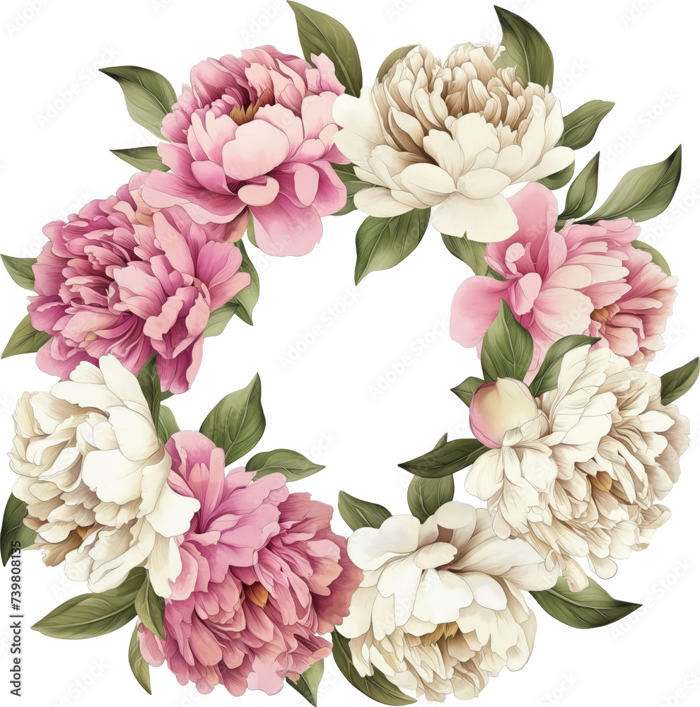 Watercolor of pink and white peony wreath isolated.
