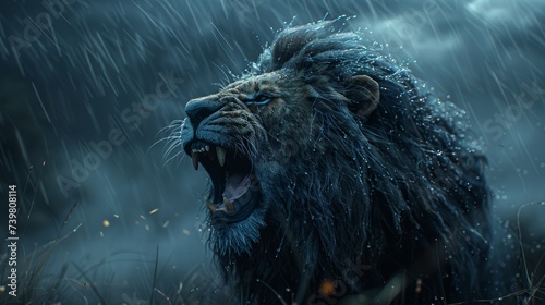A majestic lion roaring amidst a dynamic explosion of water and dust  captured in a moment of fierce beauty and power