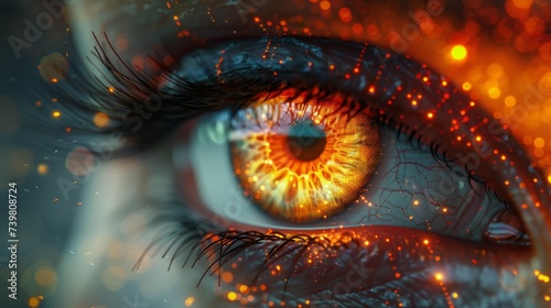 close-up of human eye, glowing digital interface graphics. Bright lights and patterns indicate advances in biotechnology, artificial intelligence or virtual reality.
