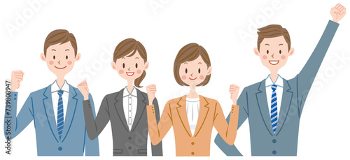 ビジネス　複数の会社員　ガッツポーズをする新入社員たち