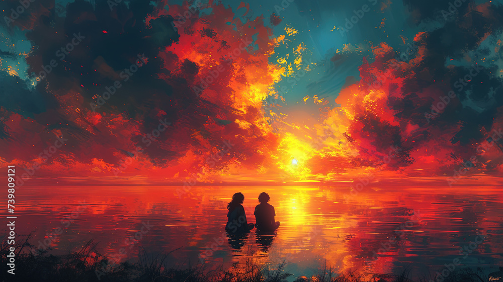 A couple in the water with red sky. Created with Ai - obrazy, fototapety, plakaty 