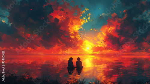 A couple in the water with red sky. Created with Ai © Creative Stock 