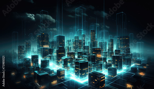 A Futuristic City at Night With Glowing Lights