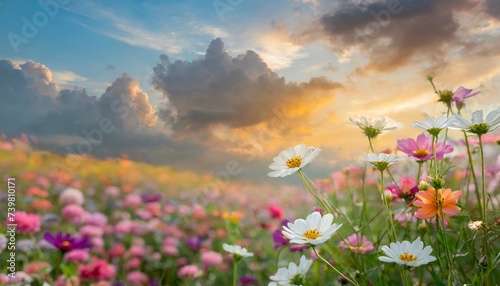 Beautiful colorful flowers with pastel sky and clouds background, Idyllic Meadow landscape 