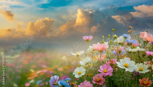 Beautiful colorful flowers with pastel sky and clouds background, Idyllic Meadow landscape 