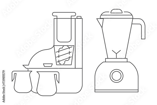 Thin line blender and juicer icons. Vector illustration isolated on a white background editable stroke. Simple outline pictogram of blender and juicer. Home appliance for making fruit juice smoothie. 