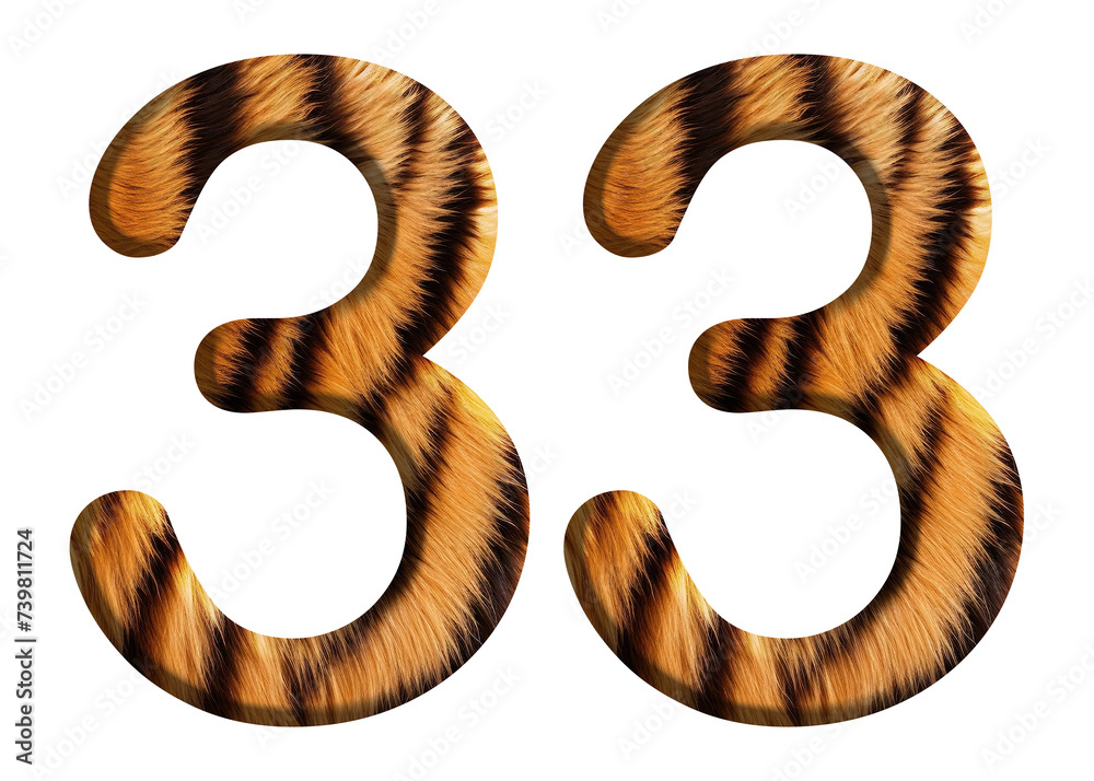 The shape of the number 33 is made of tiger fur or tiger skin isolated on transparent background. suitable for birthday, anniversary and memorial day templates The shape of the number 33 is made of tiger fur or tiger skin isolated on transparent background. suitable for birthday, anniversary and memorial day templates