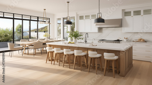 
Step into the kitchen of a stunning new luxury home, where sleek modernity meets timeless elegance. The spacious interior features a beautiful kitchen