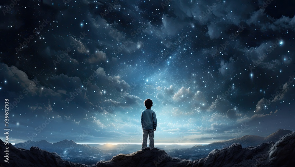 Fototapeta premium In the quiet of the night, a child looks up at the stars, symbolizing the endless possibilities and aspirations of childhood