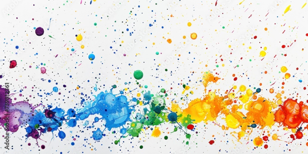 Rainbow splatter on white canvas, vibrant droplets, joyful and expressive