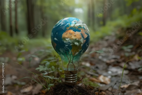 Renewable Light: Eco-Friendly Bulb Rooted in Soil Symbolizing Sustainable World Concept Amid Forest Background. photo