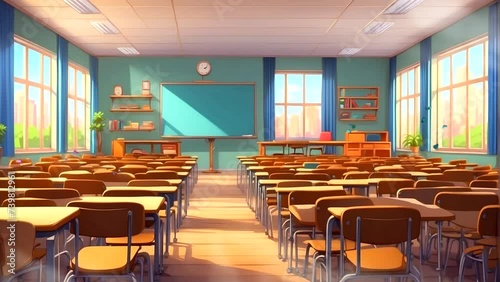 organized classroom with neat desk and chairs creates a focused learning atmosphere. Seamless looping 4k time-lapse video animation background photo