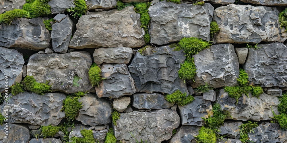 Rough stone wall, natural erosion and moss growth, ancient surface