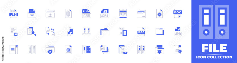 File icon collection. Duotone style line stroke and bold. Vector illustration. Containing folder, exchange, doc, remove file, file storage, jpg file, mp file, file, files, files and folders.  - obrazy, fototapety, plakaty 