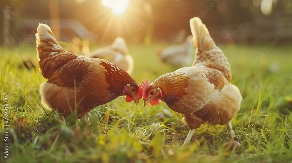 Hen and chicken outdoors eating on green grass. - obrazy, fototapety, plakaty 