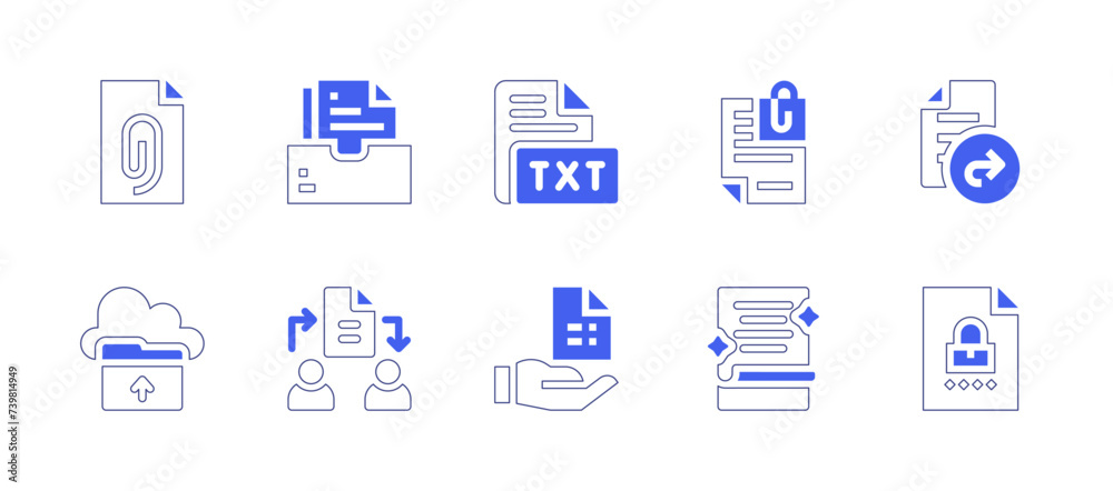 File icon set. Duotone style line stroke and bold. Vector illustration. Containing txt file, attached file, send file, files, file, upload file, file sharing.
