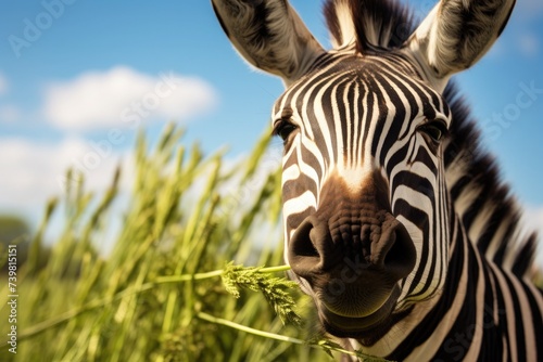 Portrait of a zebra chewing fresh plants in natural environment photo