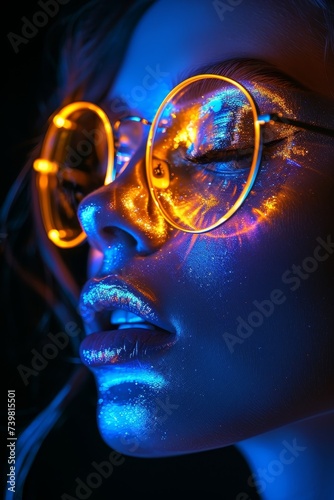 Stunning model with fluorescent make-up over black background, painted face, colorful make up, over black background. Fashion model in neon light.