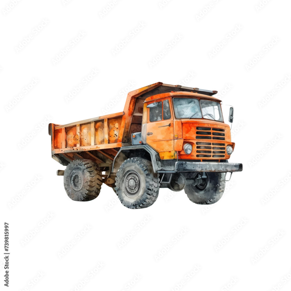 Watercolor dump truck on white background