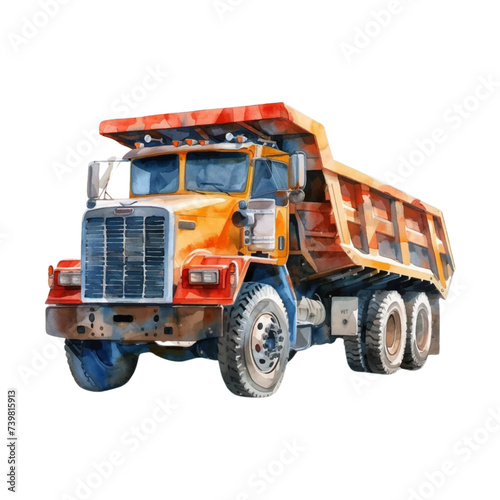 Watercolor dump truck on white background
