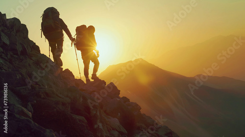 Hiker helping friend reach the mountain