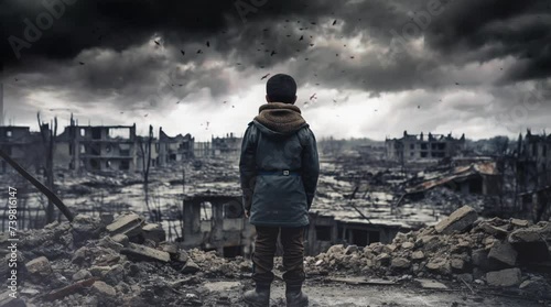 Kid standing in the middle of post ruined city after war illustration loop background 